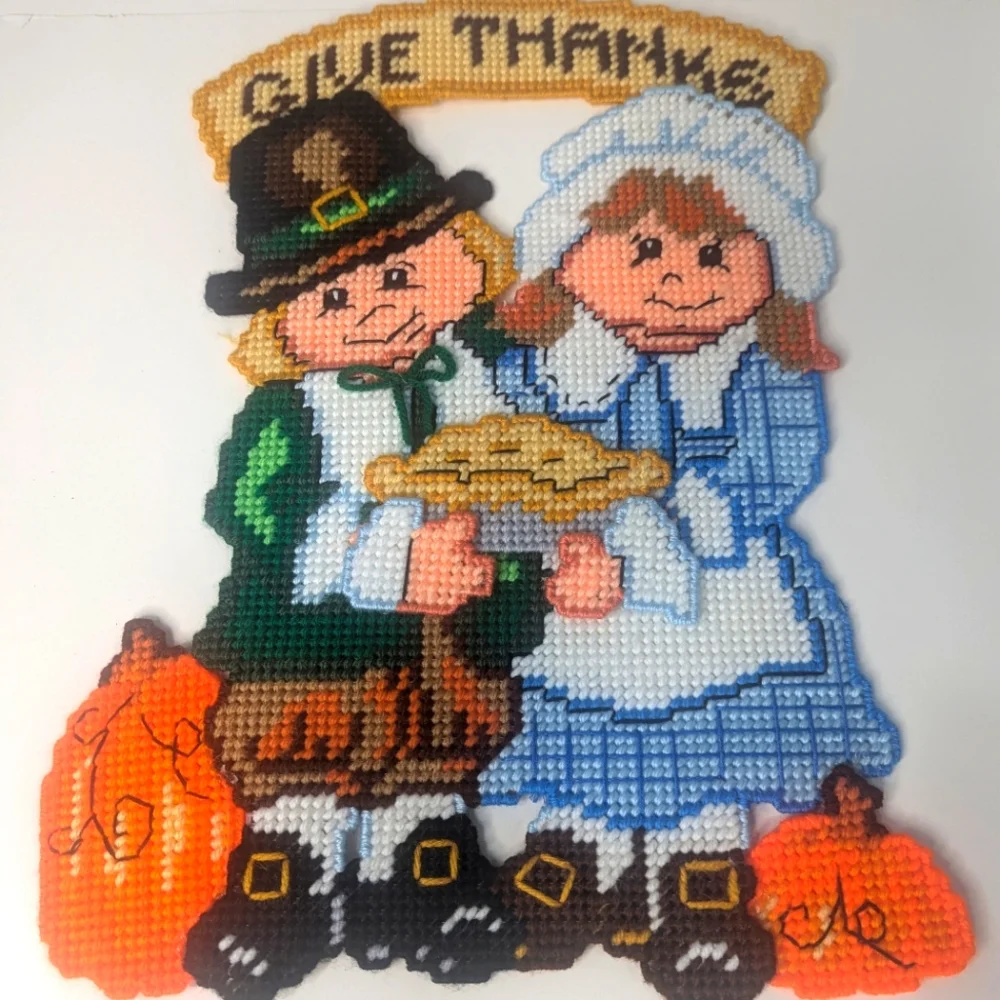 Thanksgiving Pilgrim Boy and Girl Fall Handmade Plastic Canvas Decoration